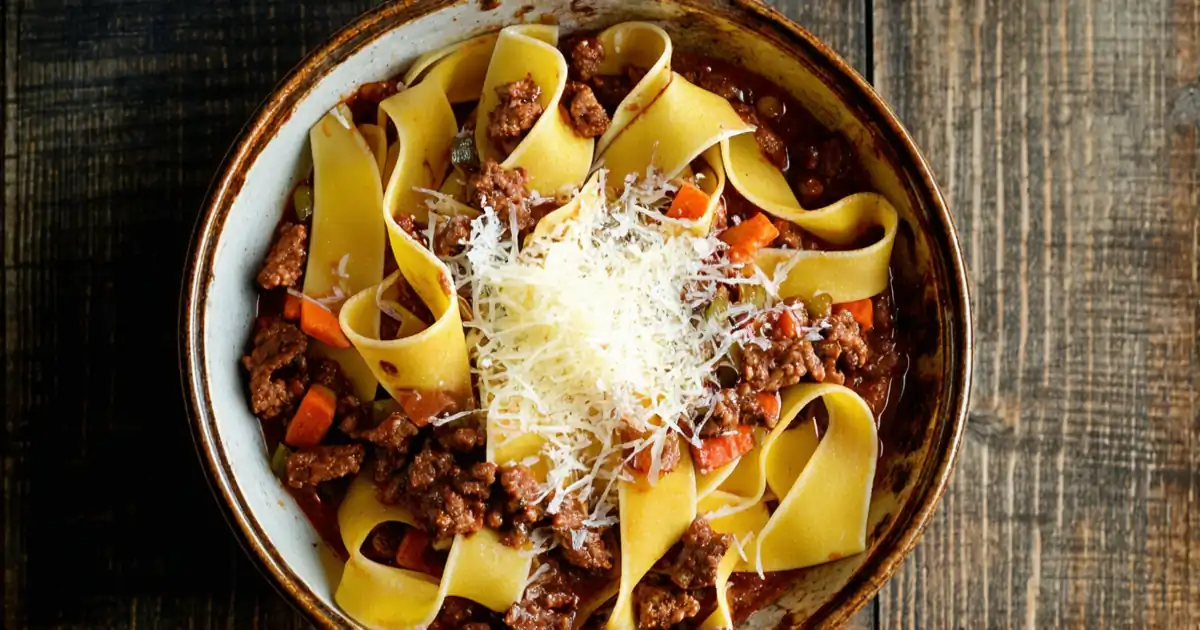 Authentic Italian tagliatelle al ragù from Bologna, showing fresh egg pasta ribbons coated in rich brown-red meat sauce with...